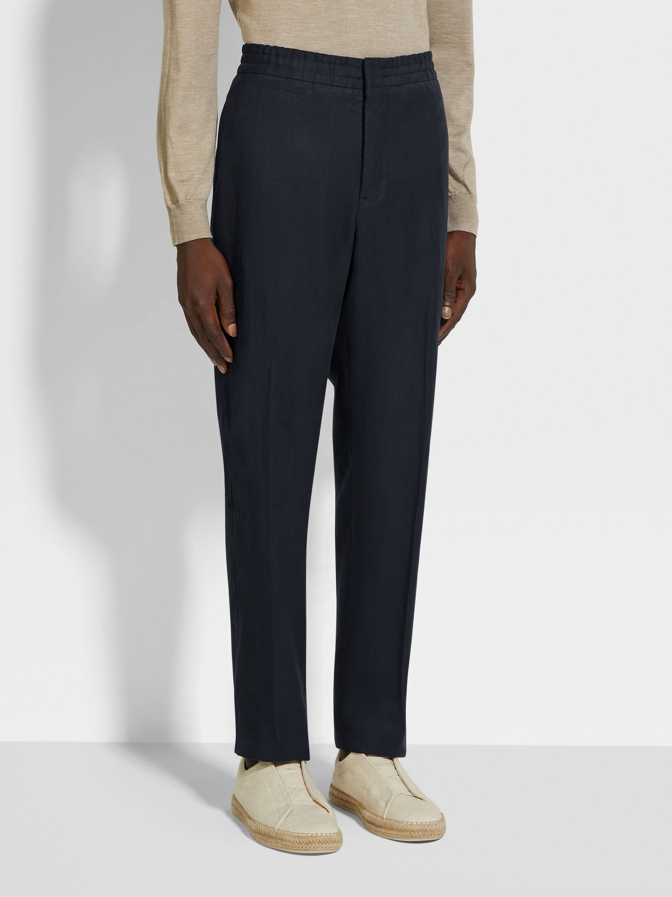 Shop Zegna Linen Trousers In Navy Blue