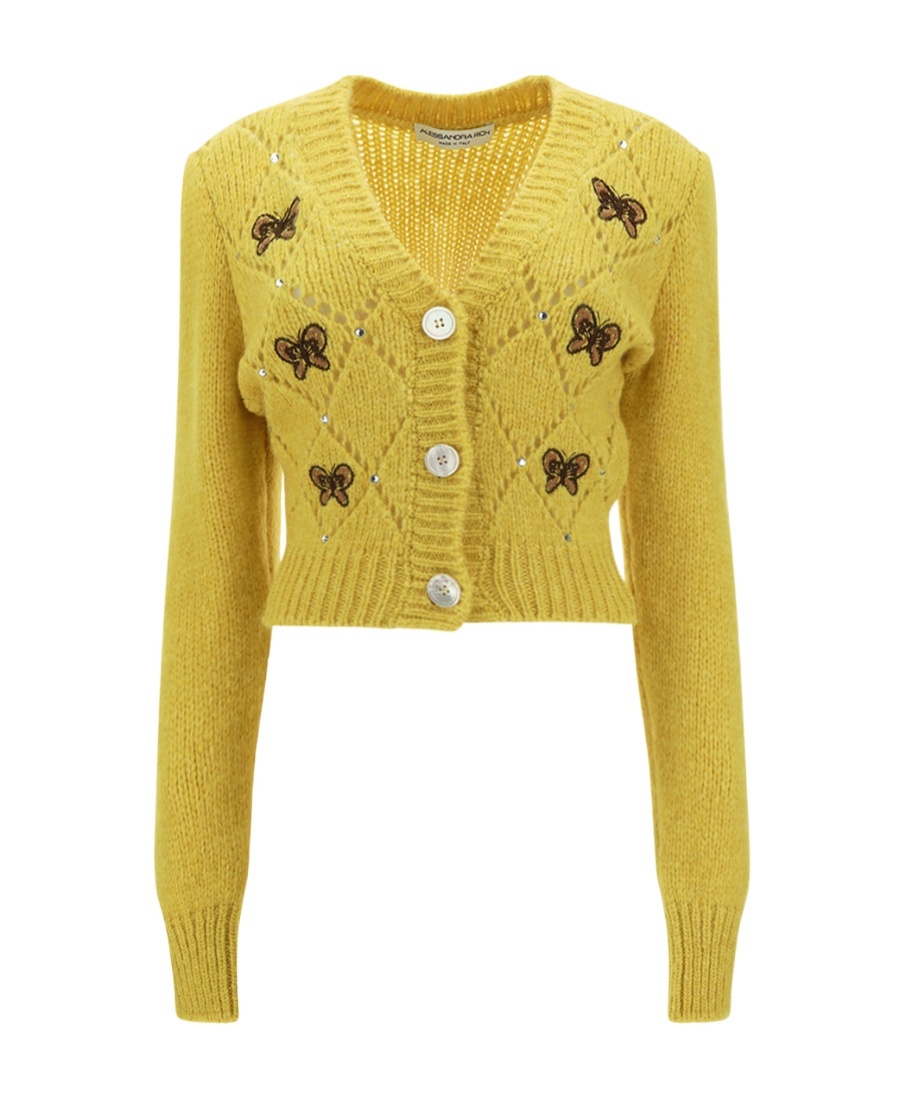 Alessandra Rich Butterfly-embroidered Pointelle Cardigan In Yellow