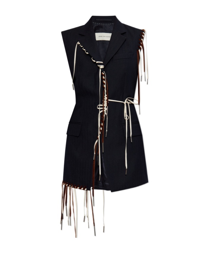 Dries Van Noten Sleeveless Wool Jacket With Contrasting Drawstring And Tailored Cut In Black