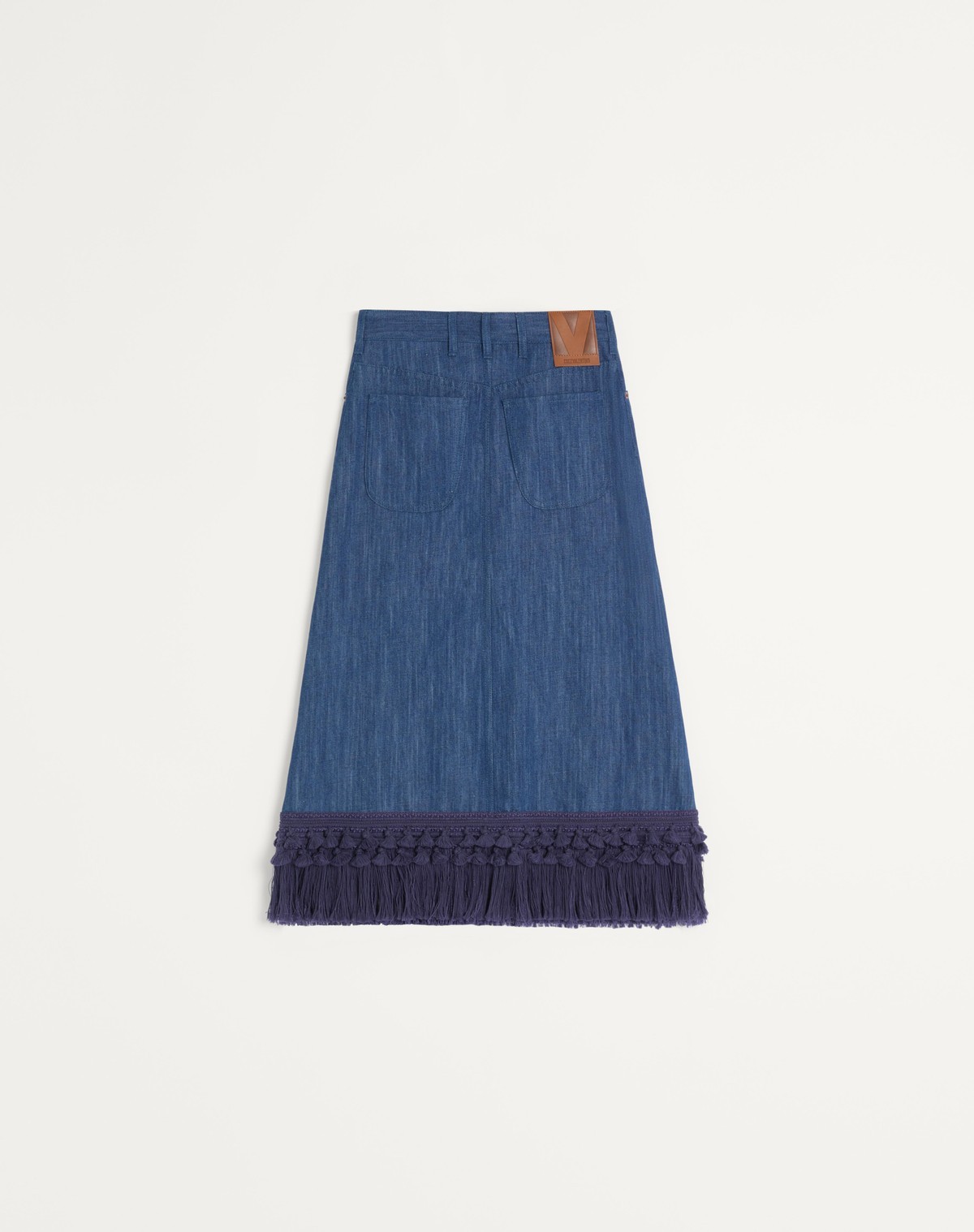 Valentino Tasseled Fringed Denim Midi Skirt In Blue