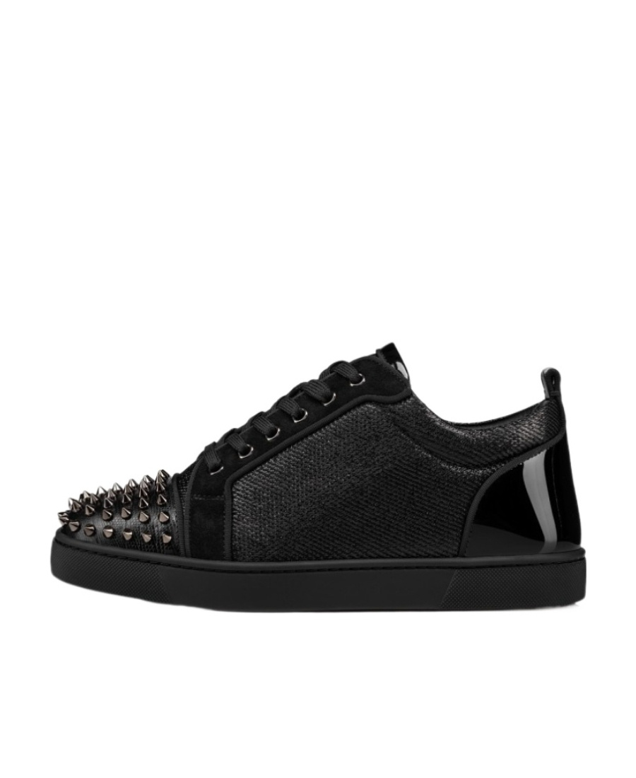 Christian Louboutin Louis Junior Spikes Studded Glittered Velour Sneakers In Black