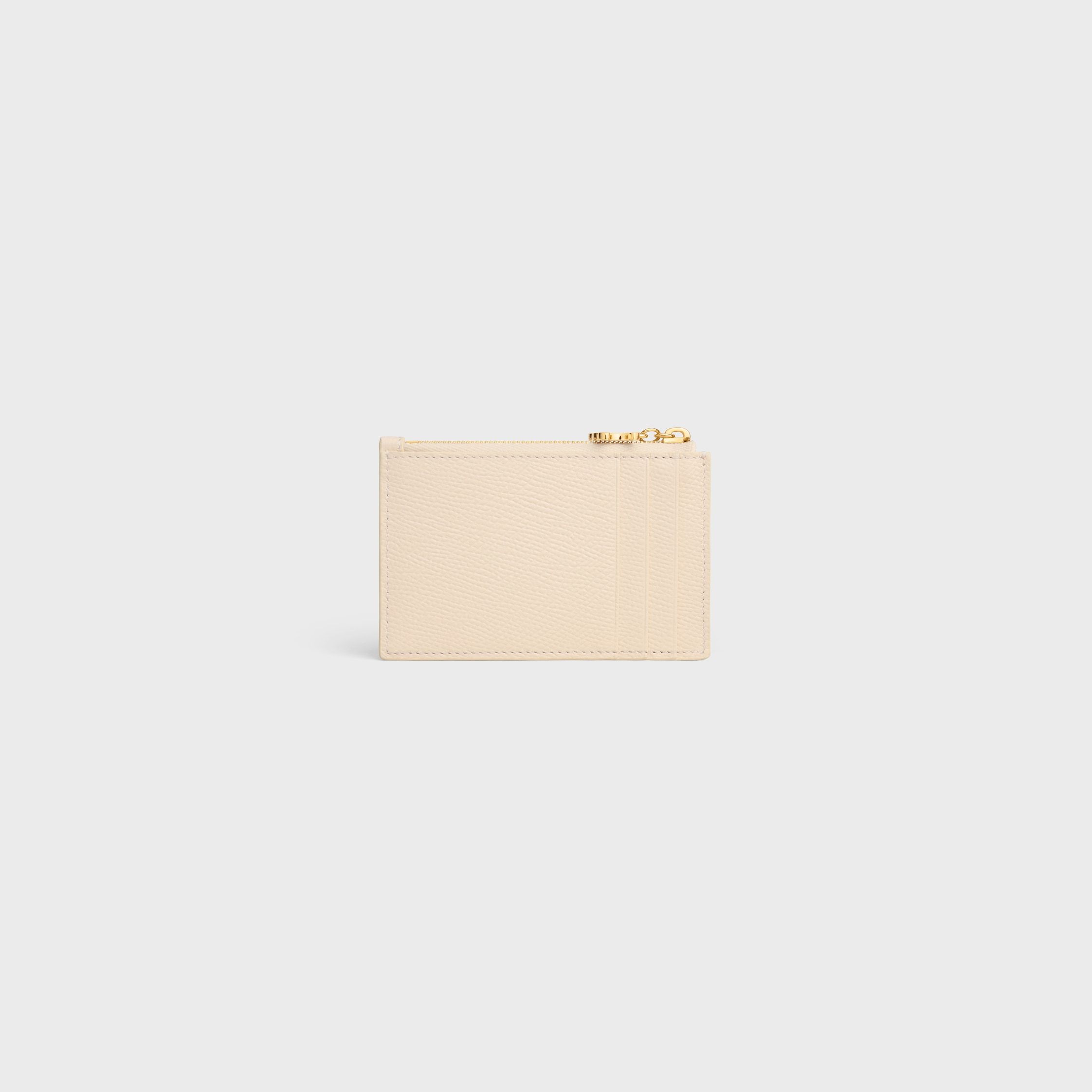 Celine Zipped Card Holder Triomphe Charms In Grained Calfskin In White
