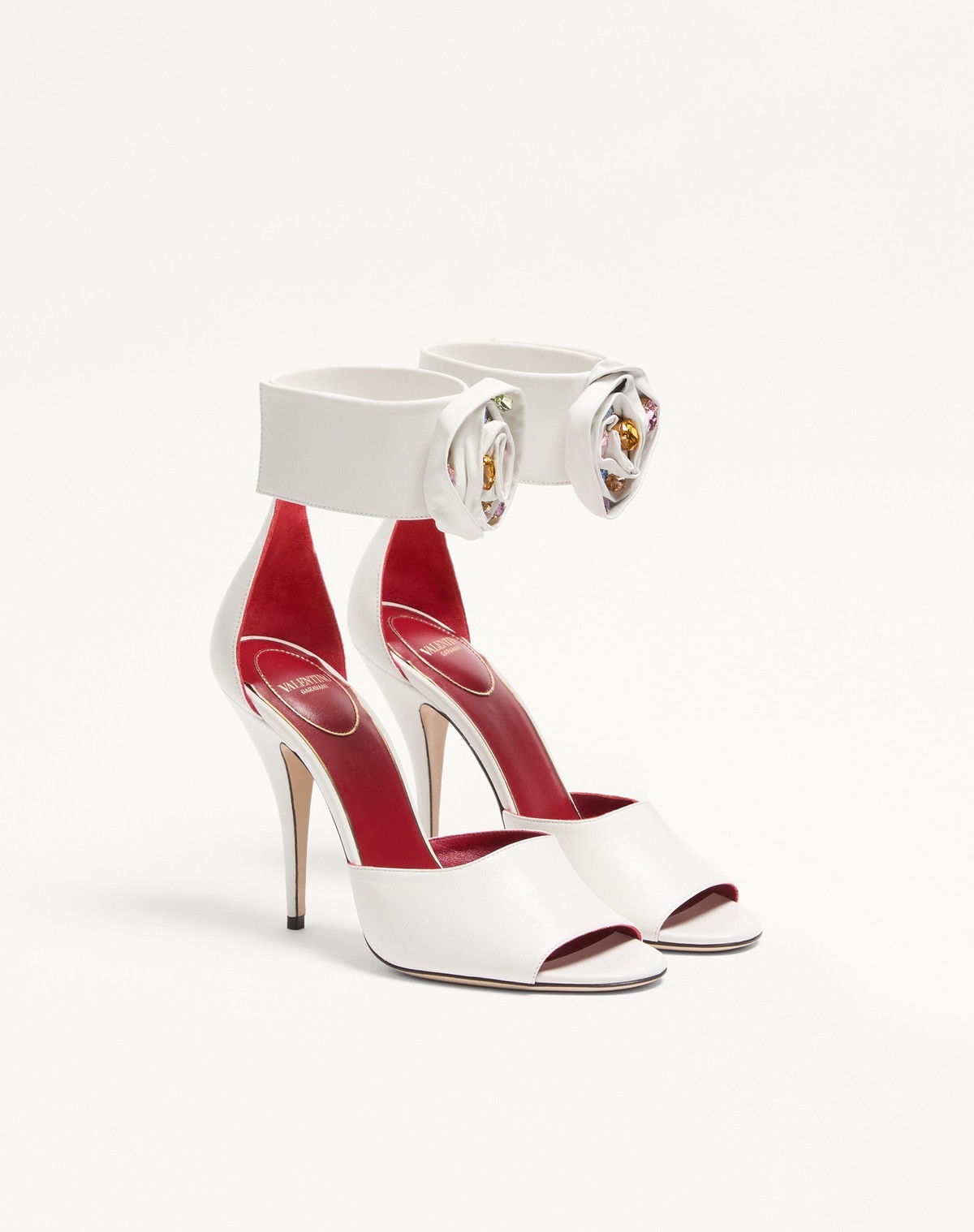 Valentino Garavani Drip Rose Kidskin Sandal With Crystals 105mm Woman White 41 In White