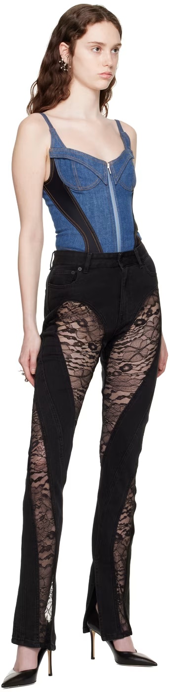 Mugler Floral-lace Panelled Jeans In Black