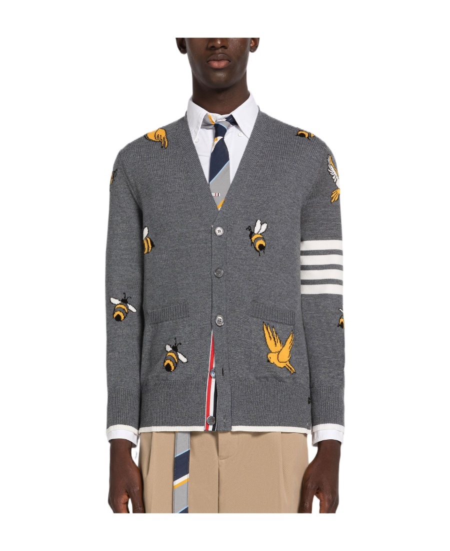 Thom Browne Birds And Bees Knitted Wool Cardigan In Gray