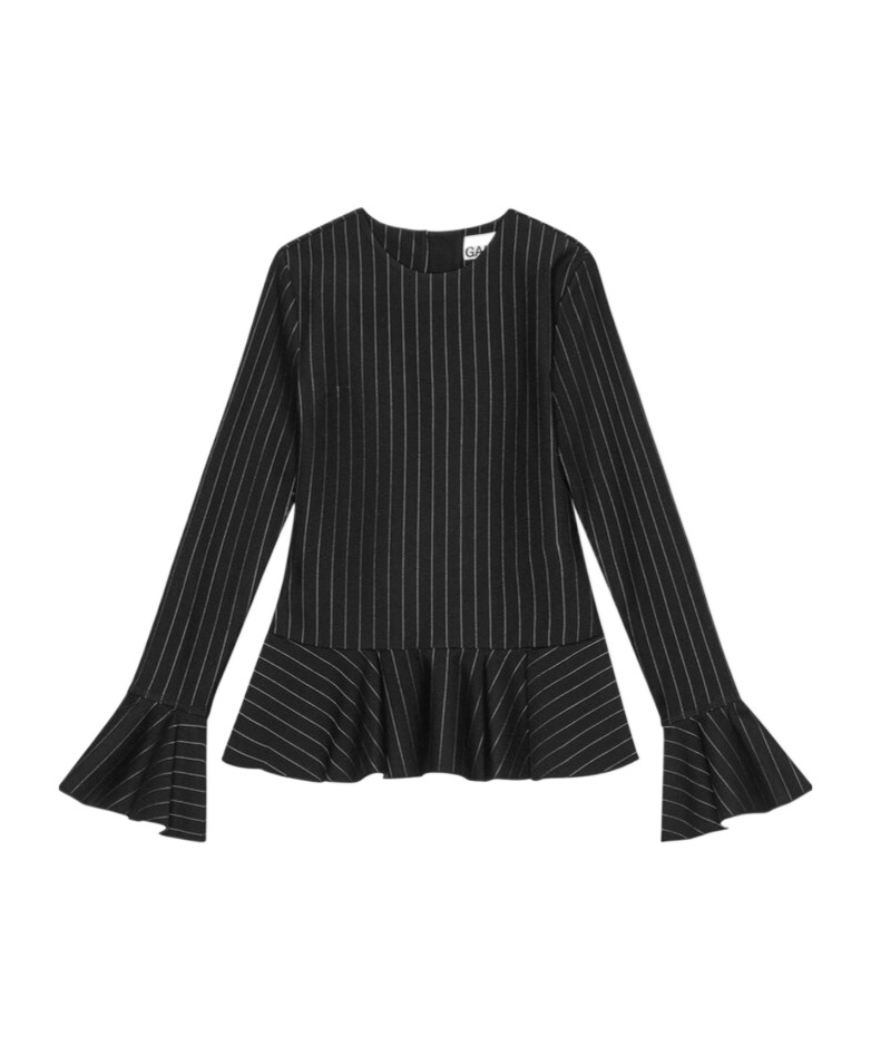 Ganni Pinstriped Peplum Blouse In Black