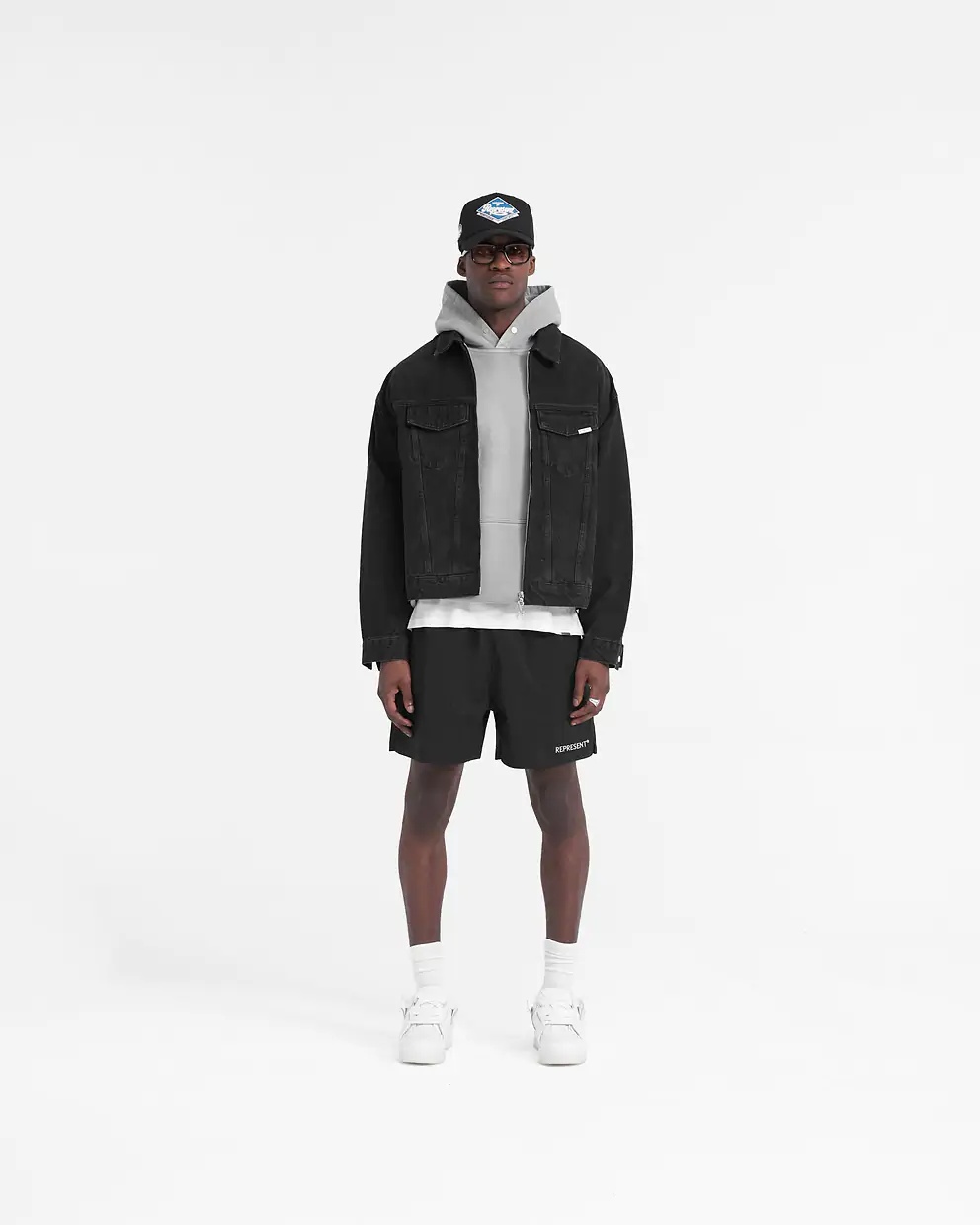 Represent Black Jacket With Classic Collar And Logo Patch On The Pocket In Denim Man In Black