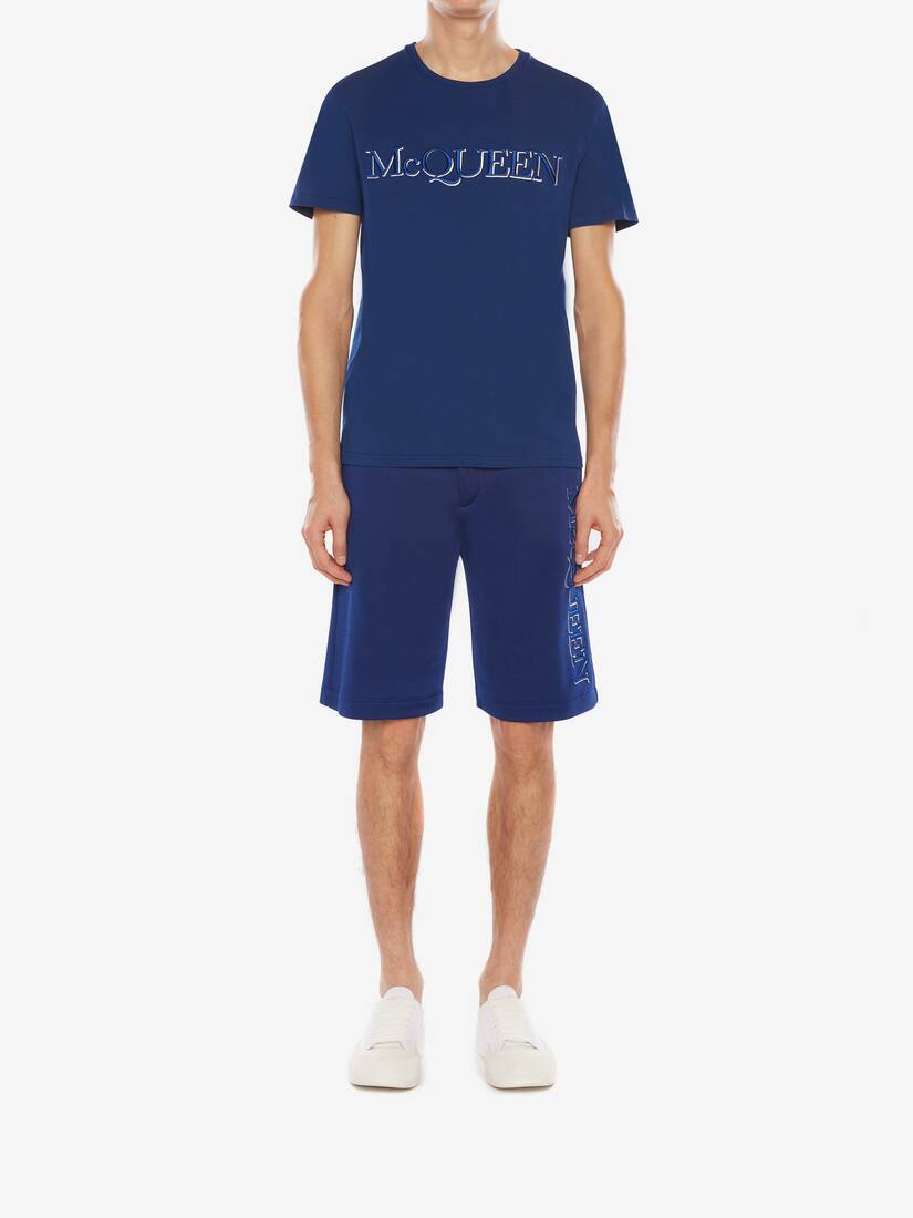 Alexander Mcqueen Men's Shorts With Embroidered Logo In Blue