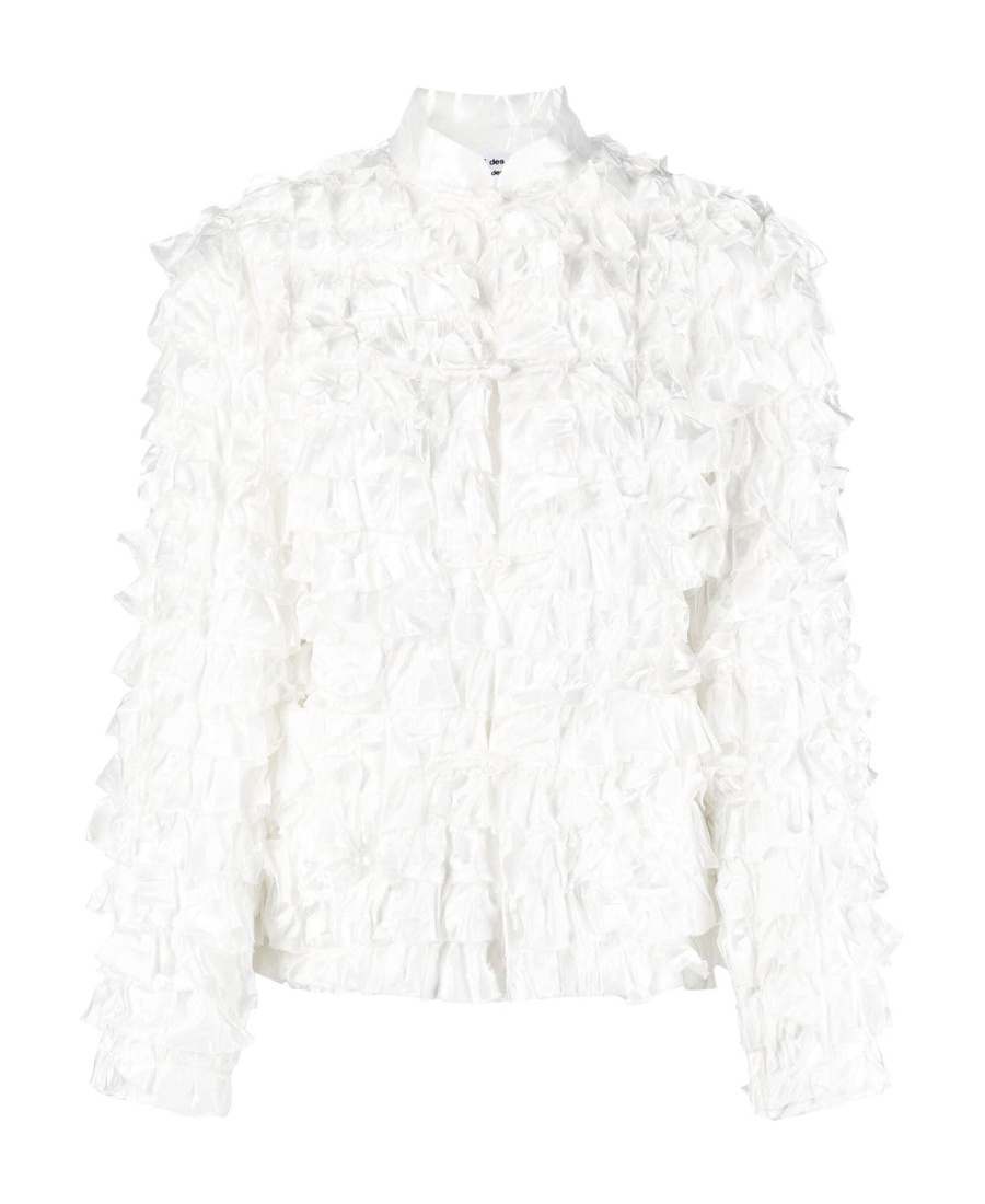 Shop Comme Des Garçons Band-collar Ruffled Fitted Jacket In White