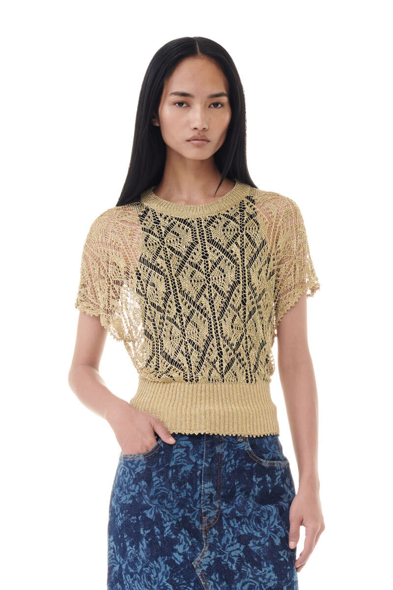 Shop Ganni Gold Metallic Top In Nude