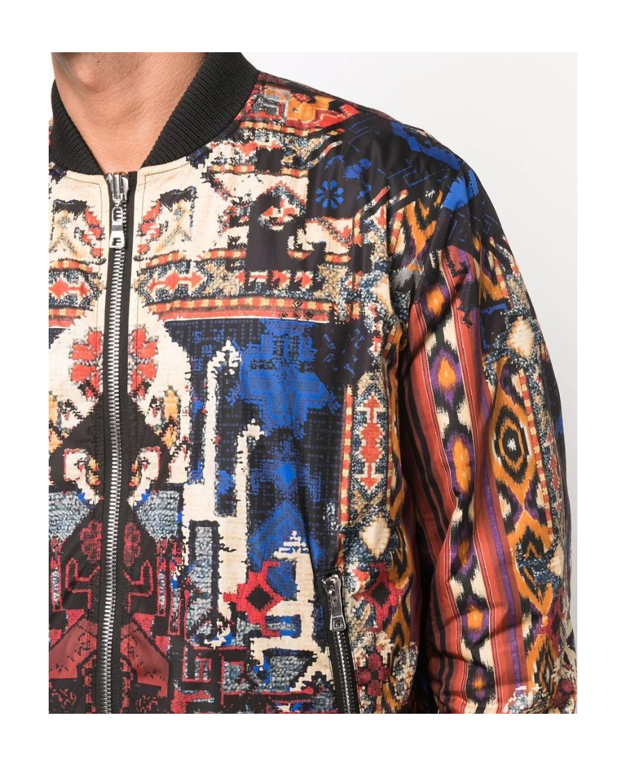 Balmain Reversible Patchwork Print Nylon Bomber Jacket In Black
