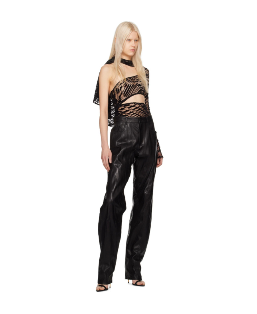 Mugler Flocked Star-print Asymmetric Bodysuit In Black