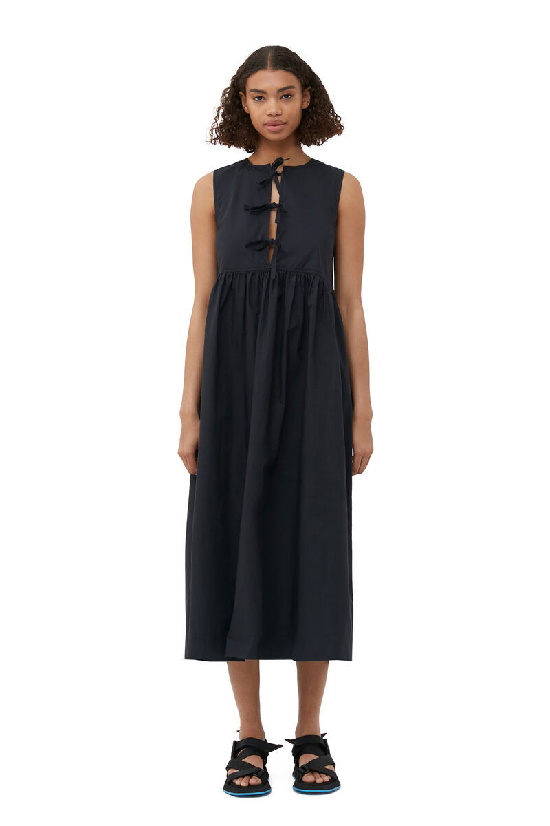 Ganni Tie String Poplin Dress In Black