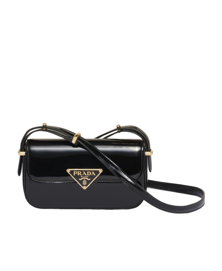 Prada Logo Patent Leather Shoulder Bag In Black