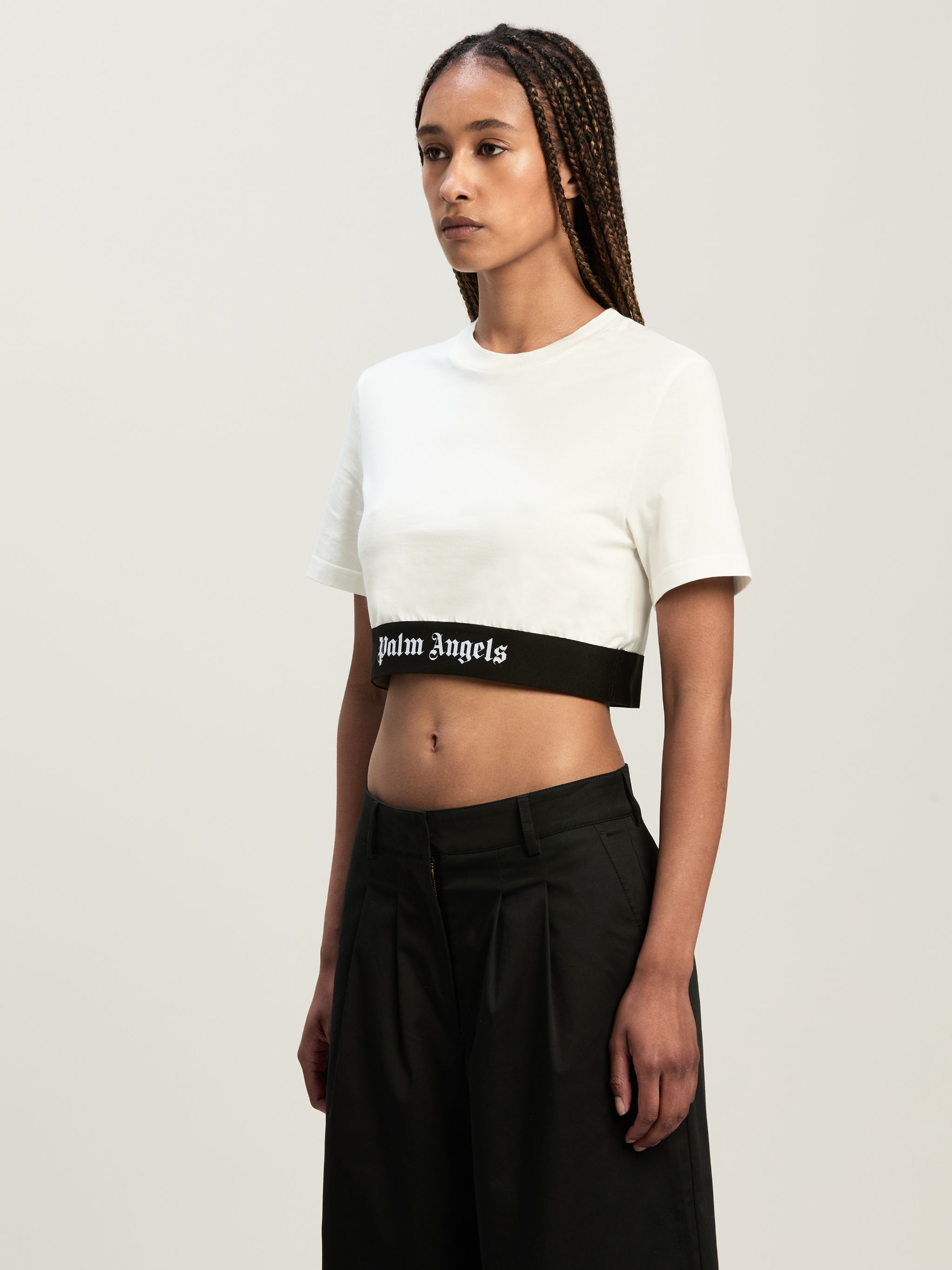Palm Angels White Cropped T-shirt With Jacquard Logo In Cotton Woman In White