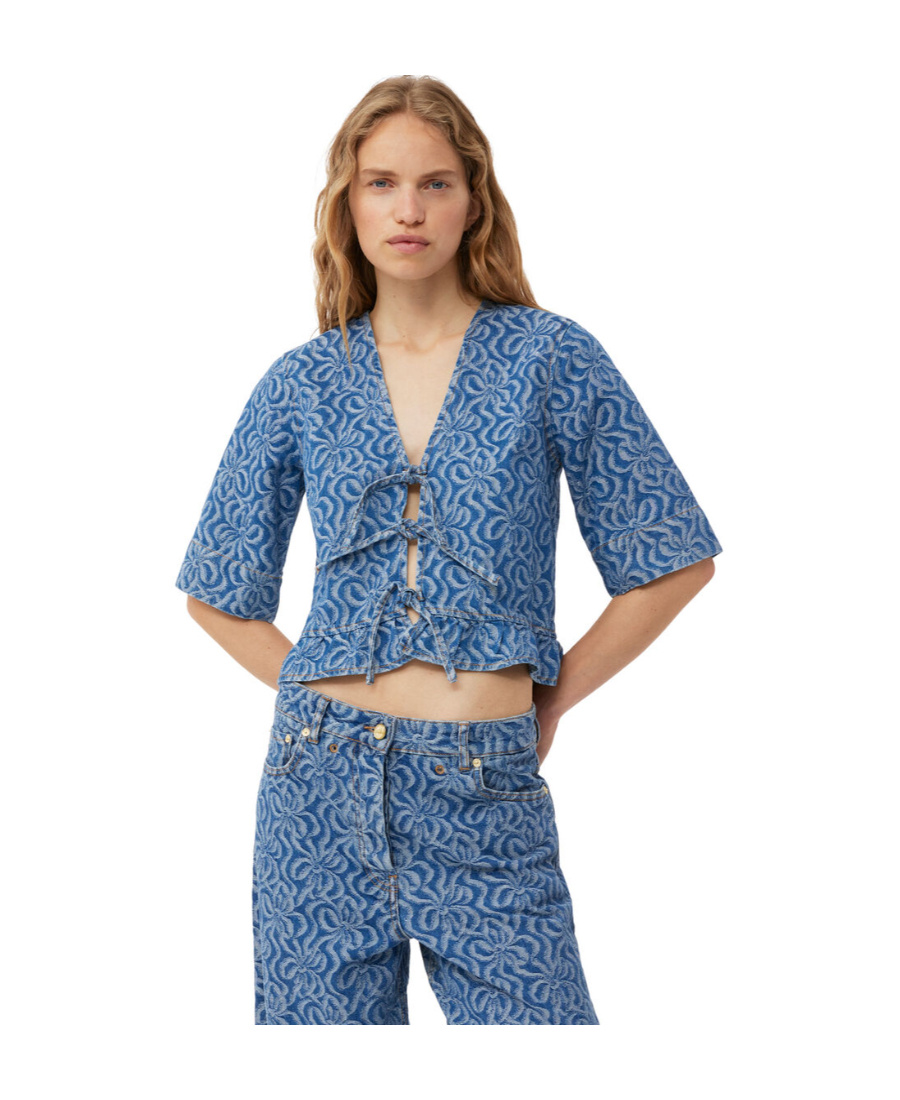 Ganni Tie-detailed Jacquard-denim Peplum Top In Blue