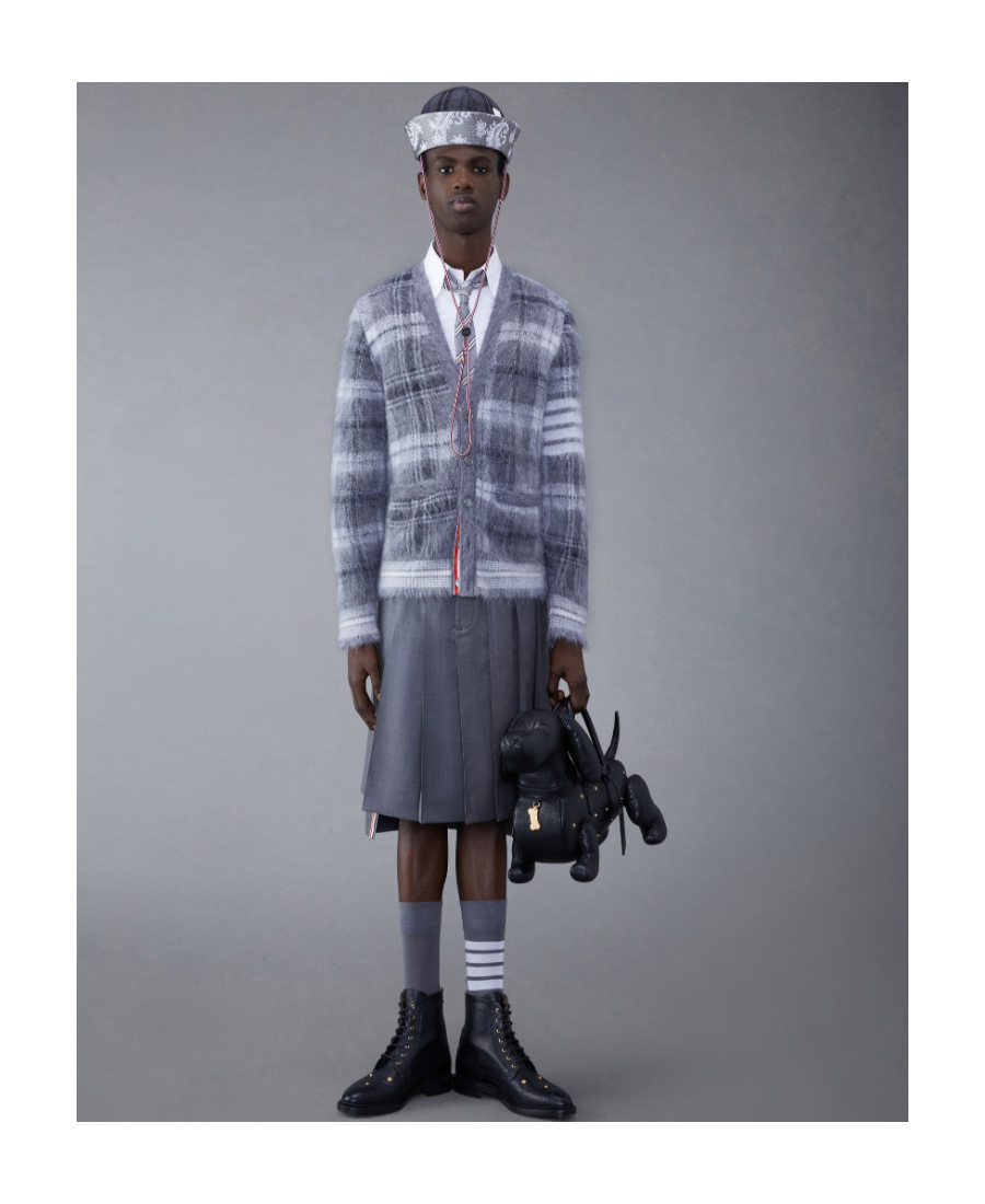 Shop Thom Browne Textured Tartan Pattern Cardigan In Blue