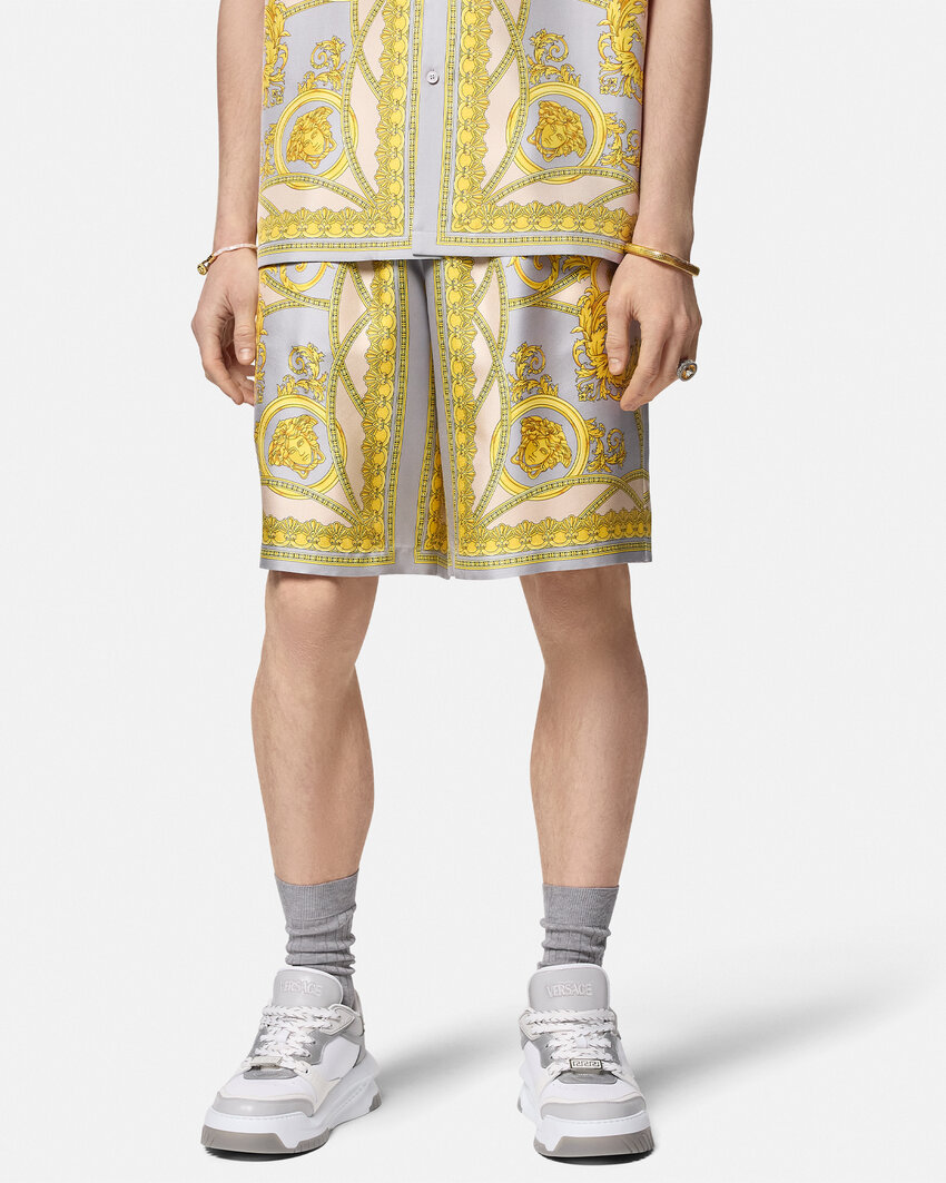 Versace La Coupe Des Dieux Print Silk Shorts In Nude