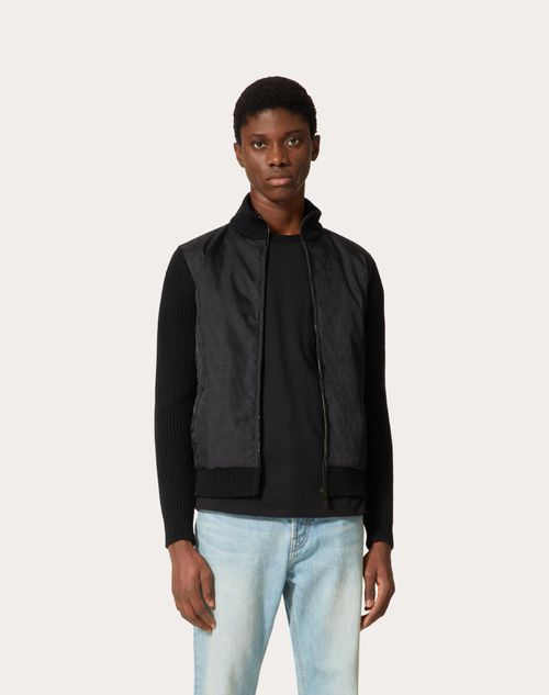 Valentino Wool Knit Jacket With Toile Iconographe Nylon Jacquard Front Panel In Black