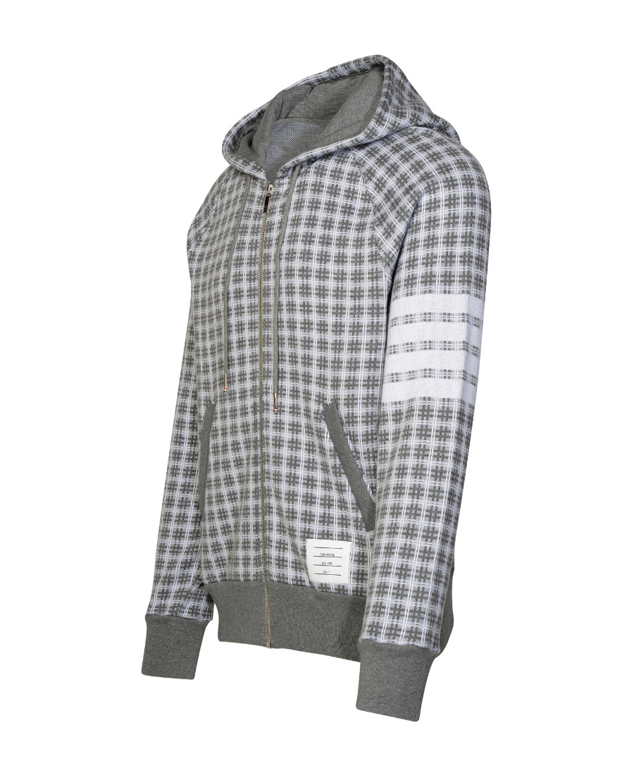 Thom Browne Checked Jacquard-knit Cotton Zip-up Hoodie In Gray