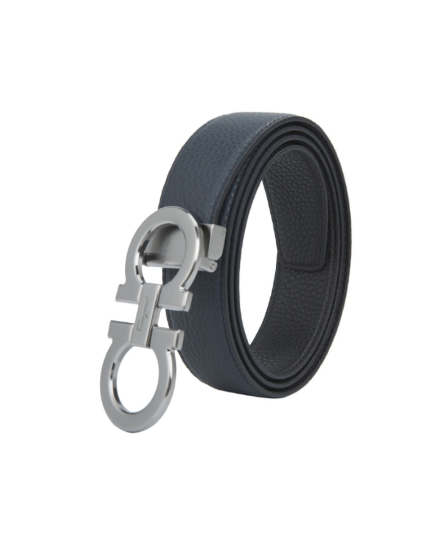 Ferragamo Dark Blue Silver Buckle Double-sided Gancini Belt