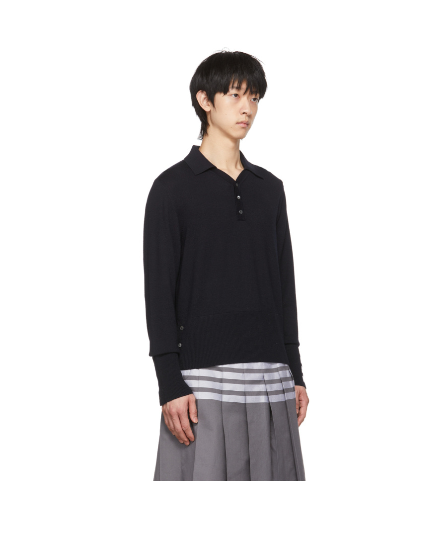 Thom Browne Long Sleeve Polo W/ 4bar Cuff In Fine Merino Wool In Black