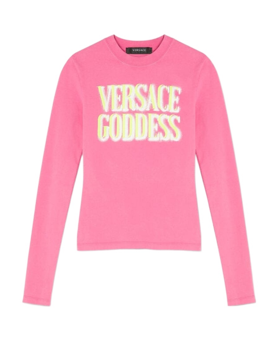 Versace Slogan-print Long-sleeve T-shirt In Pink
