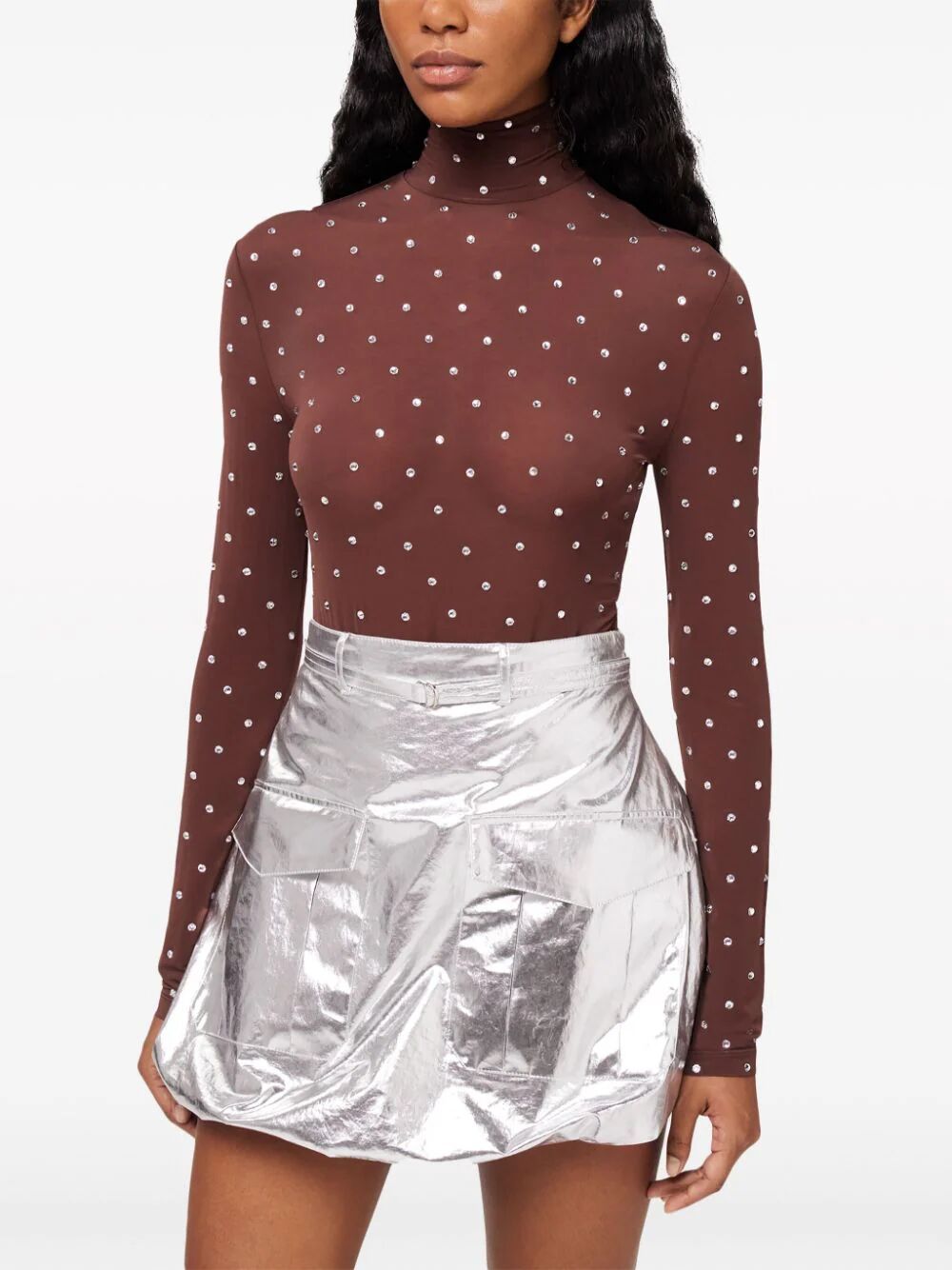 Rabanne Haut Crystal-embellished Stretch-jersey Turtleneck Top In Red
