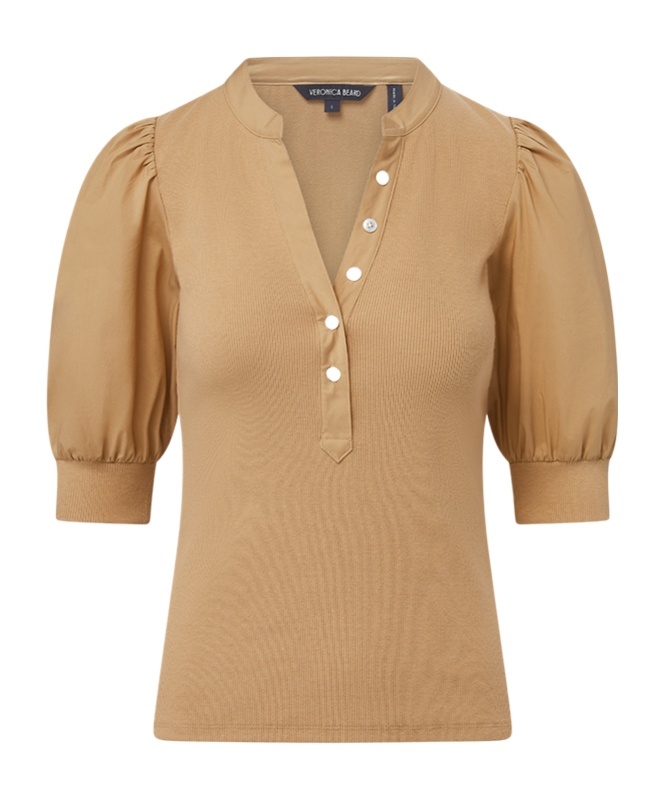 Veronica Beard Coralee Ribbed Pima Cotton-blend Jersey And Poplin Top In Khaki