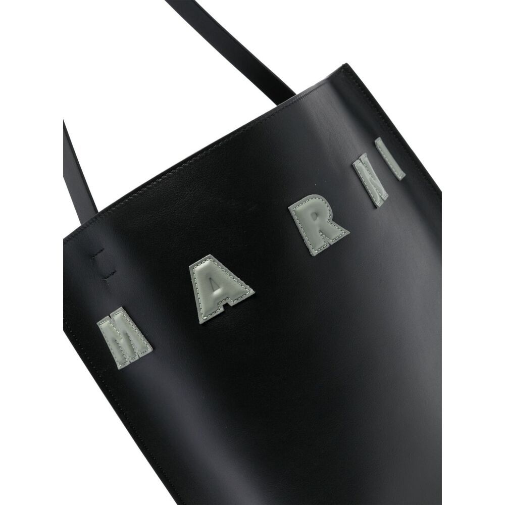 Marni Black White Leather Museo Hobo Bag With Patches In Black