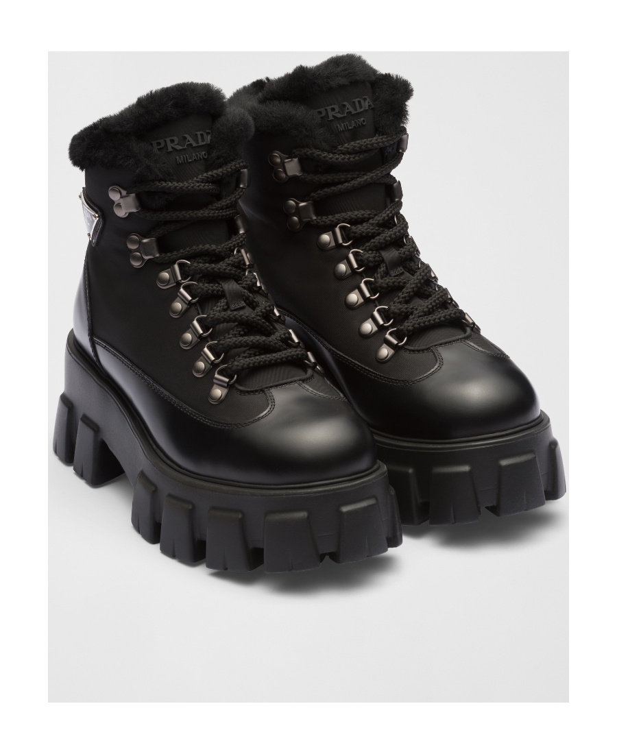 Prada Monolith Laced Short Boots In Black