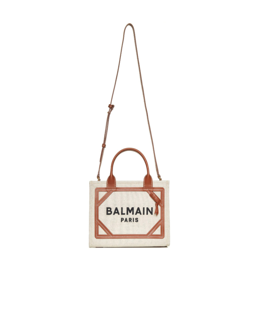 BALMAIN B-ARMY SMALL CANVAS SHOPPING BAG WITH LEATHER INSERTS