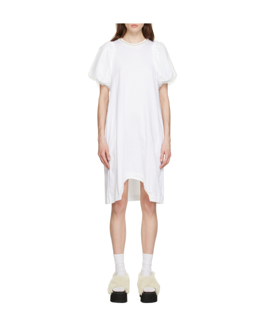 Simone Rocha Cotton Dress With Tulle Sleeves And Pearls In White