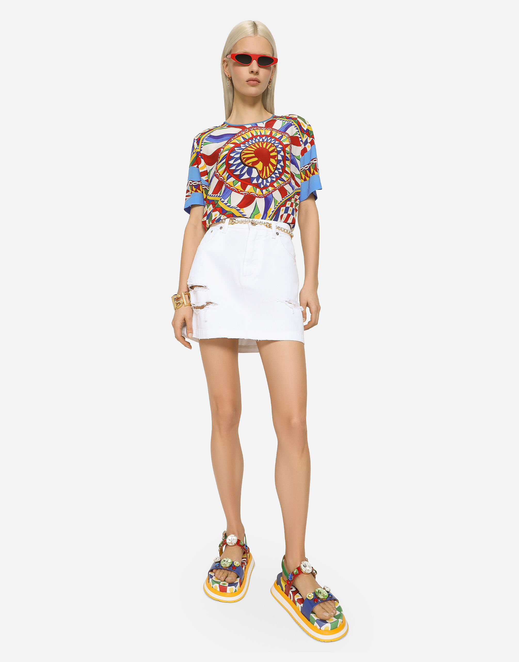 Dolce & Gabbana Distressed-finish Denim Miniskirt In White
