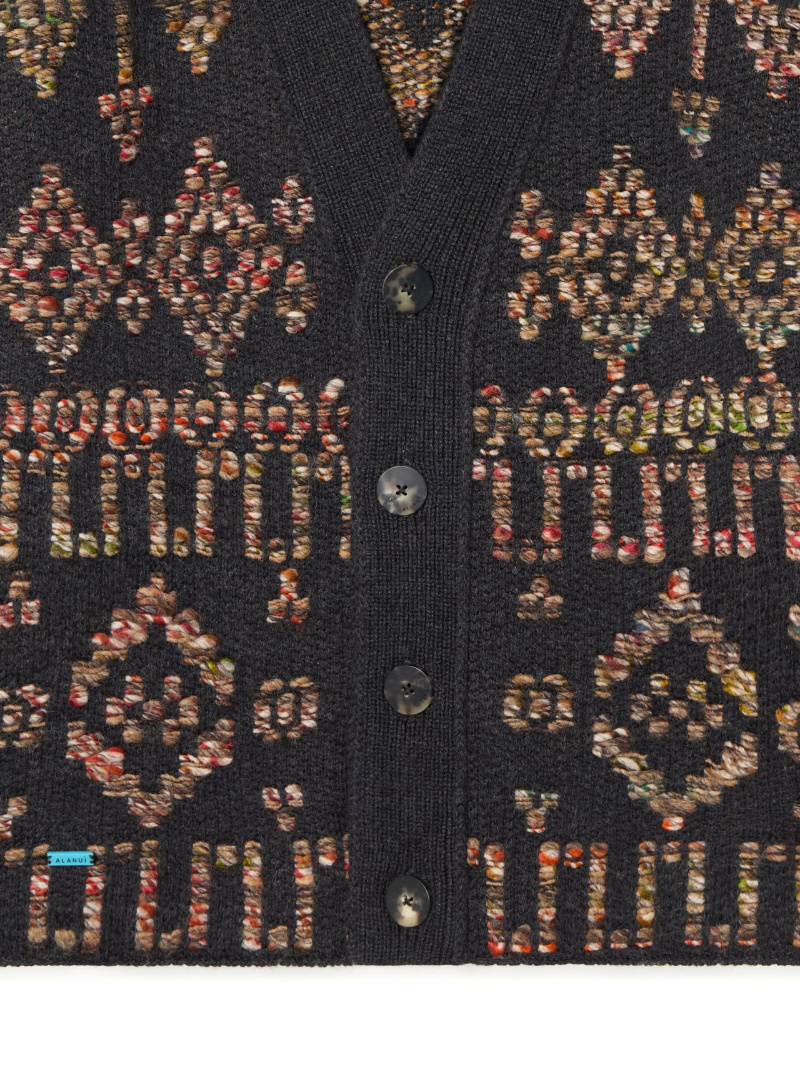Alanui Wool Blend Grunge Beat Cardigan With Embroidered Geometric Pattern In Black