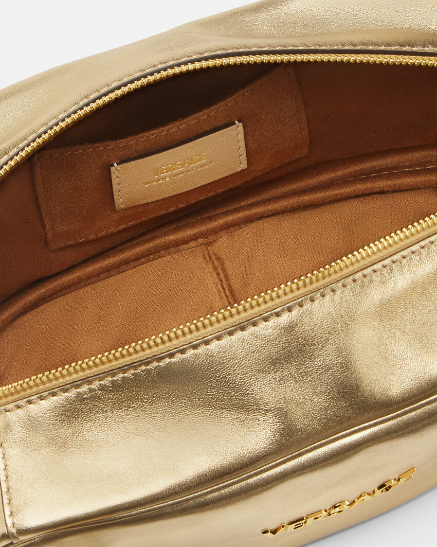 Versace Tag Bowling Metallic Shoulder Bag In Brown