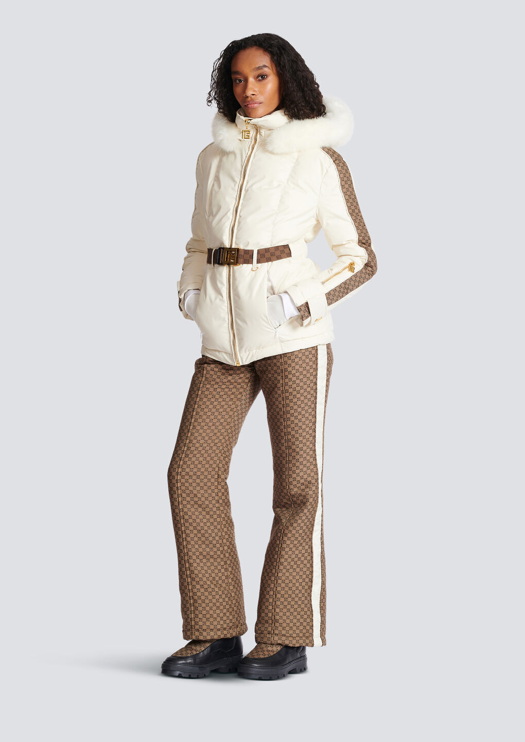 Balmain Pb Monogram Belted Puffer Jacket In White