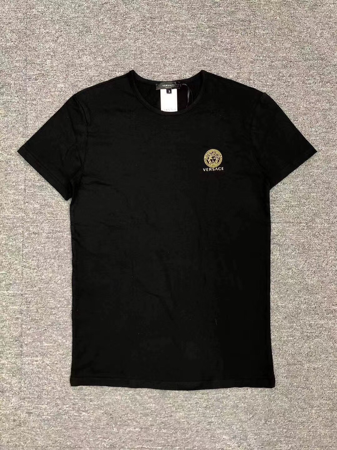 Versace Black Crewneck T-shirt With Medusa Logo Print In Stretch Cotton Man In Black