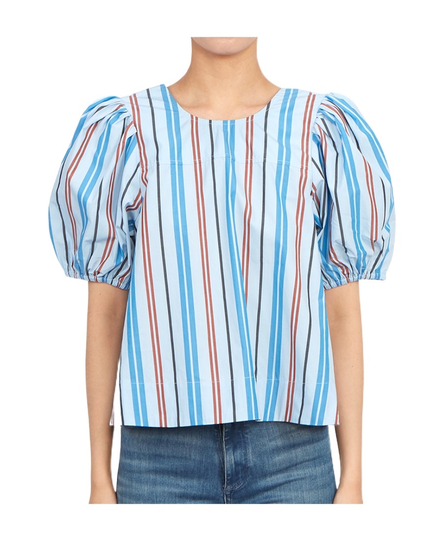 Ganni Stripe-print Organic Cotton Blouse In Blue