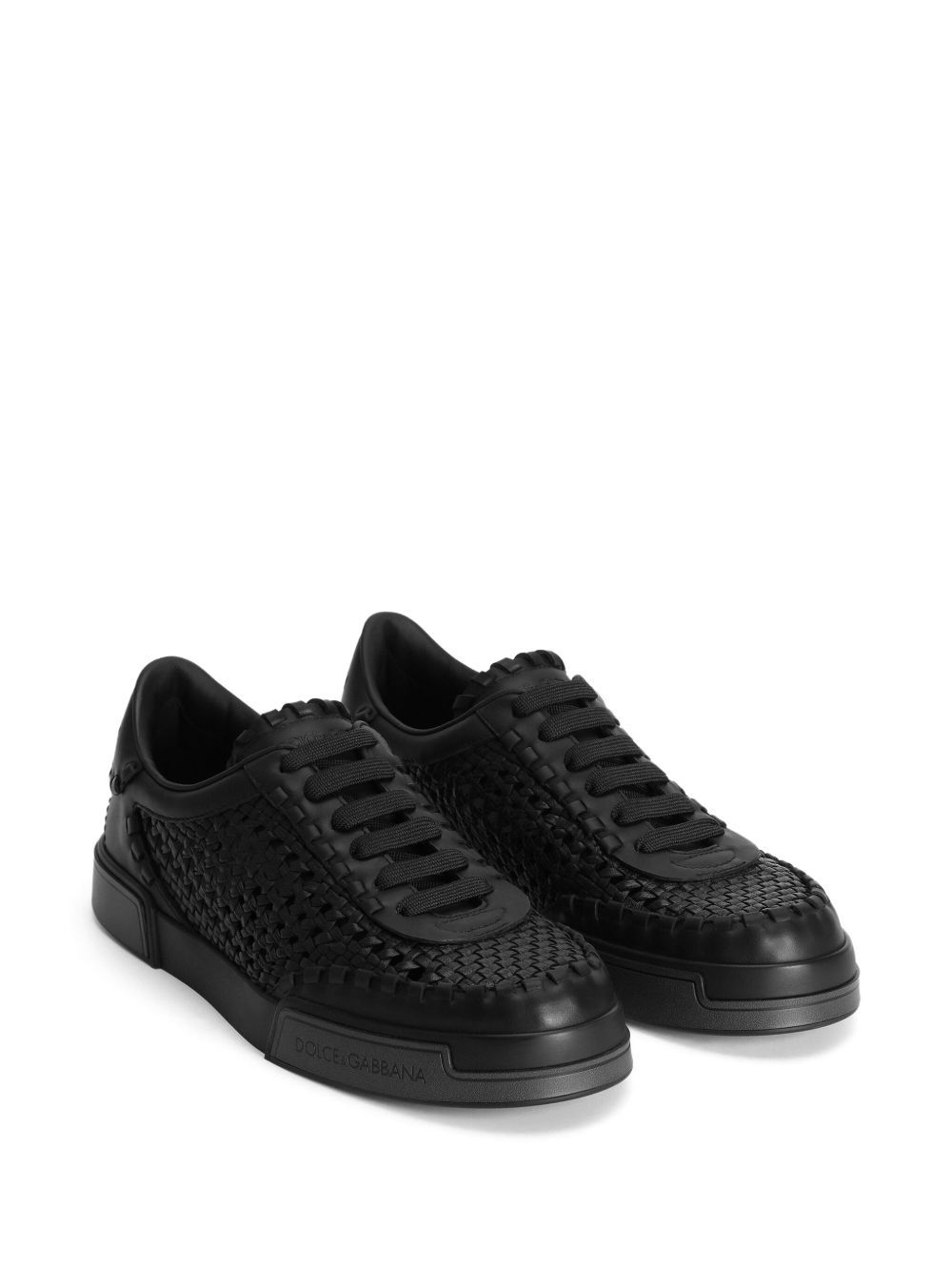Dolce & Gabbana Round Toe Leather Low Top Sneakers In Black