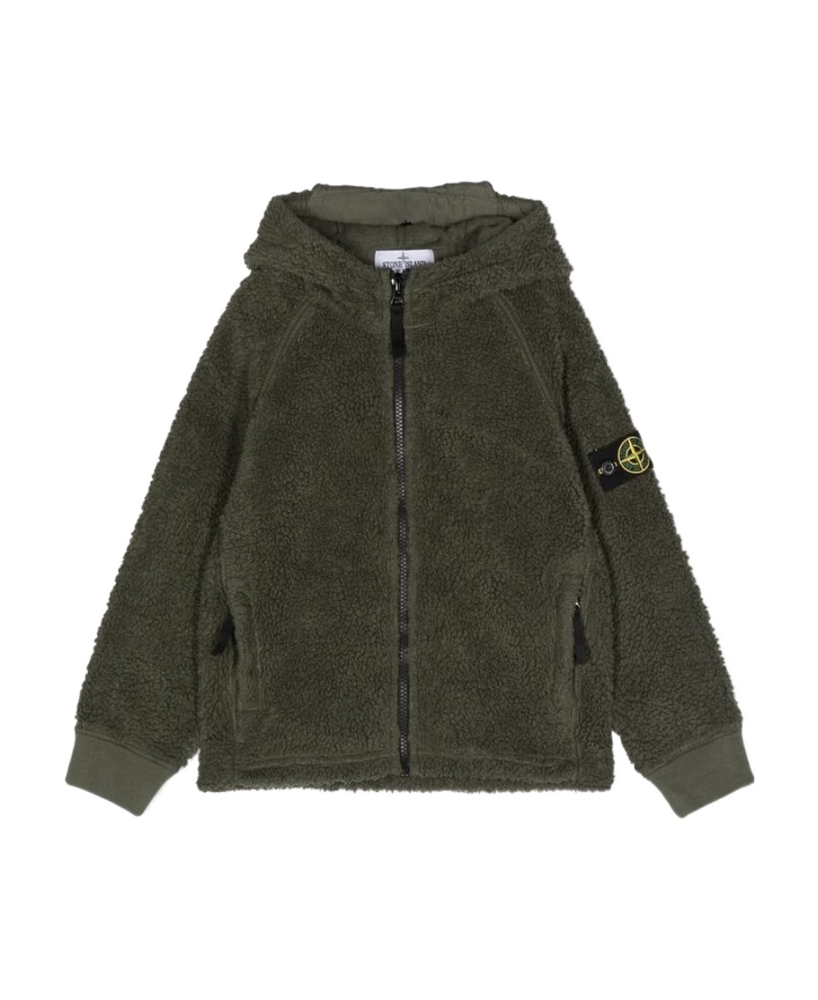 Stone Island Logo-patch Fleece Hooded Jacket In Green