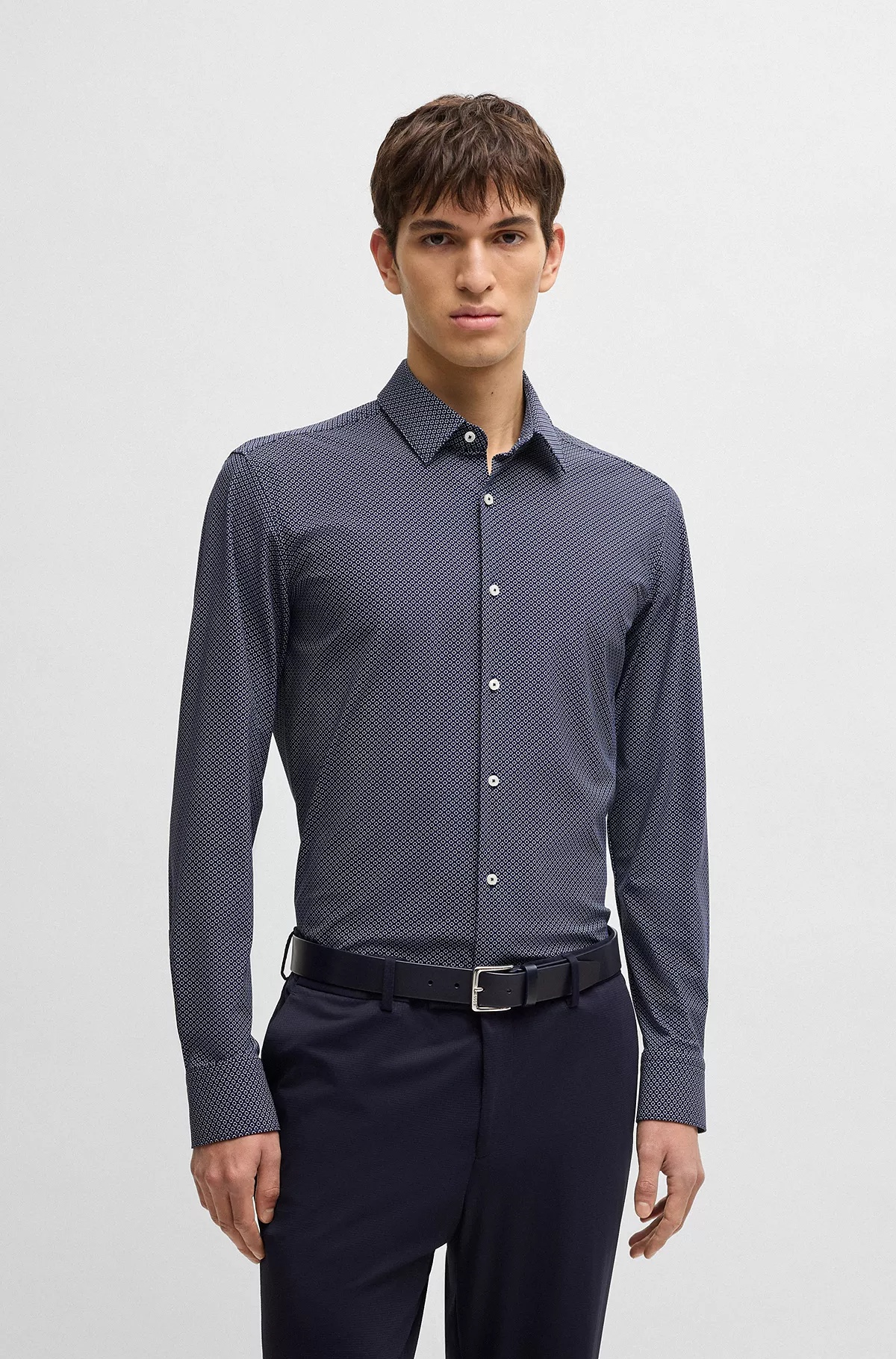 Hugo Boss Slim-fit Shirt In Geometric-print Performance-stretch Jersey In Blue