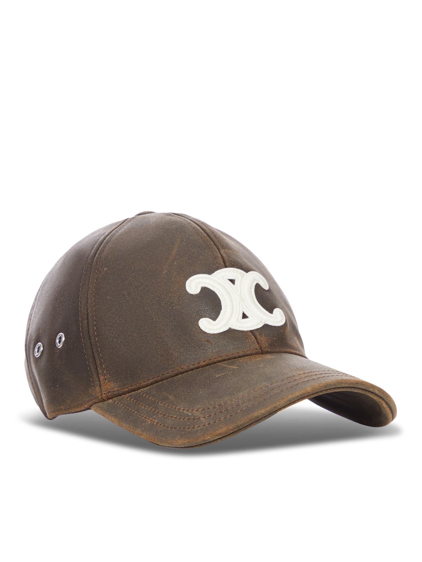 Celine Men Triomphe Leather Baseball Cap In Brown