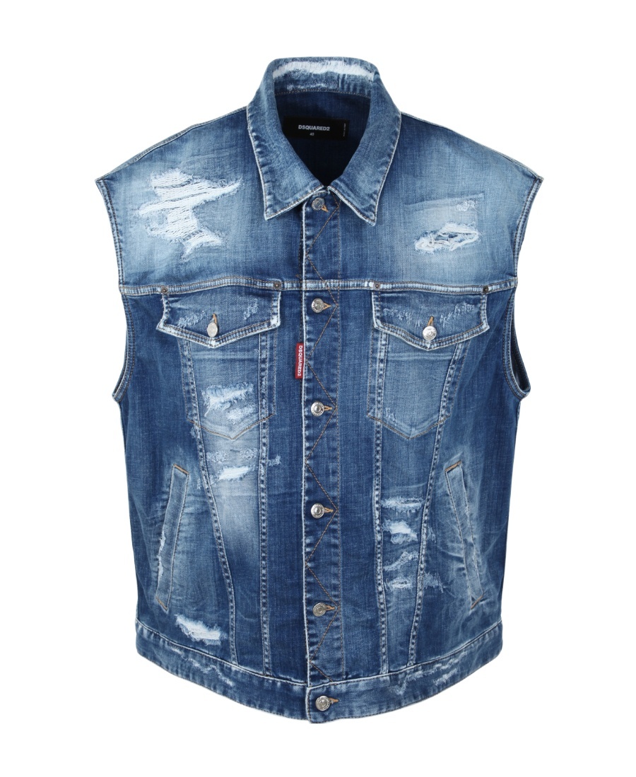 Dsquared2 Sleeveless Denim Jacket With Distressed Details In Blue