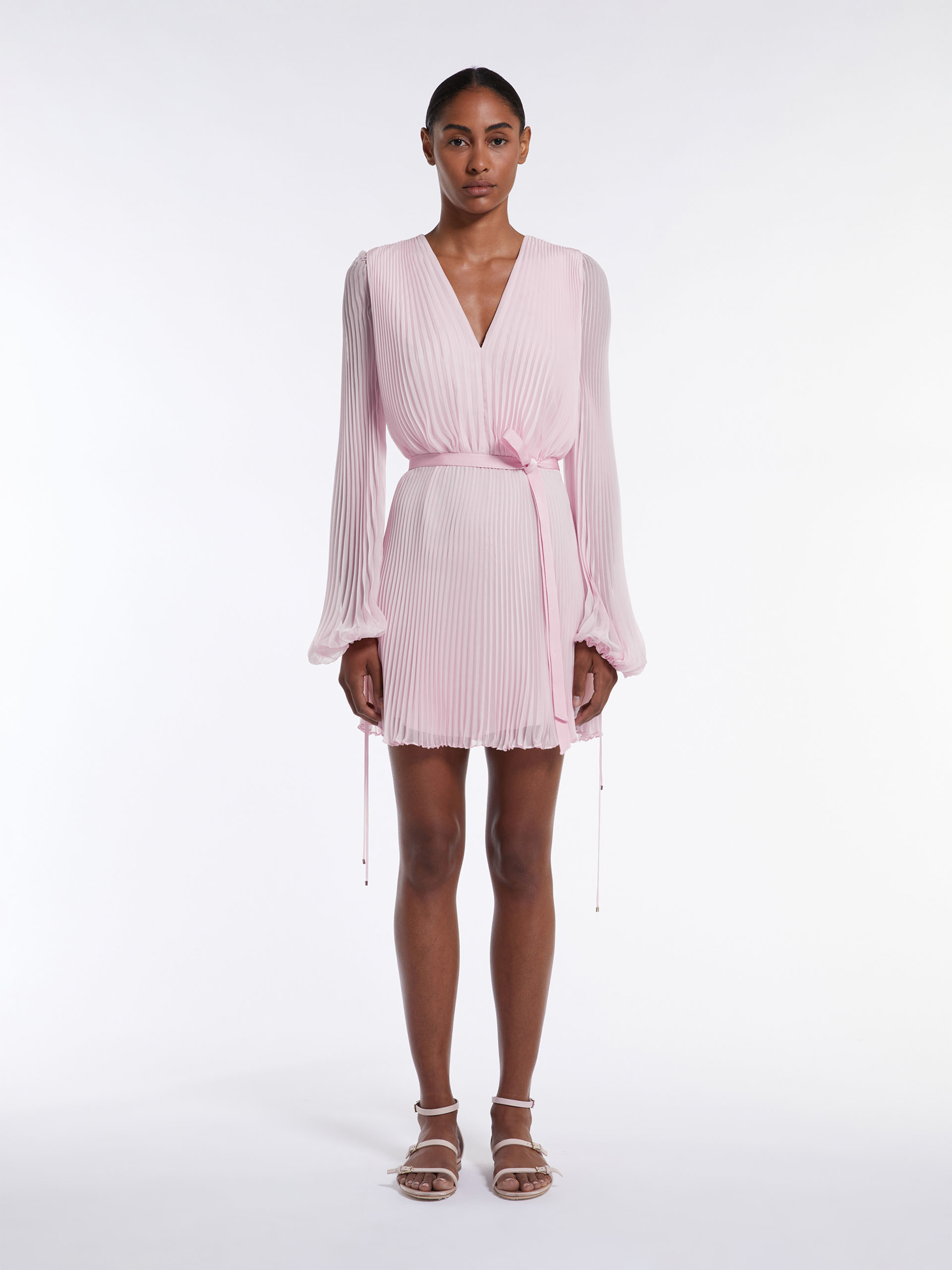 Max Mara Puff Sleeve Belted V Neck Mini Dress In Pink