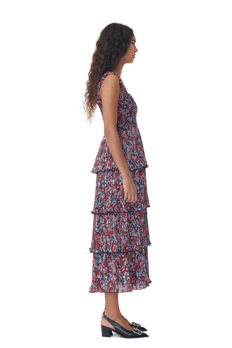 Ganni Red Pleated Georgette Flounce Smock Midi Dress In Red