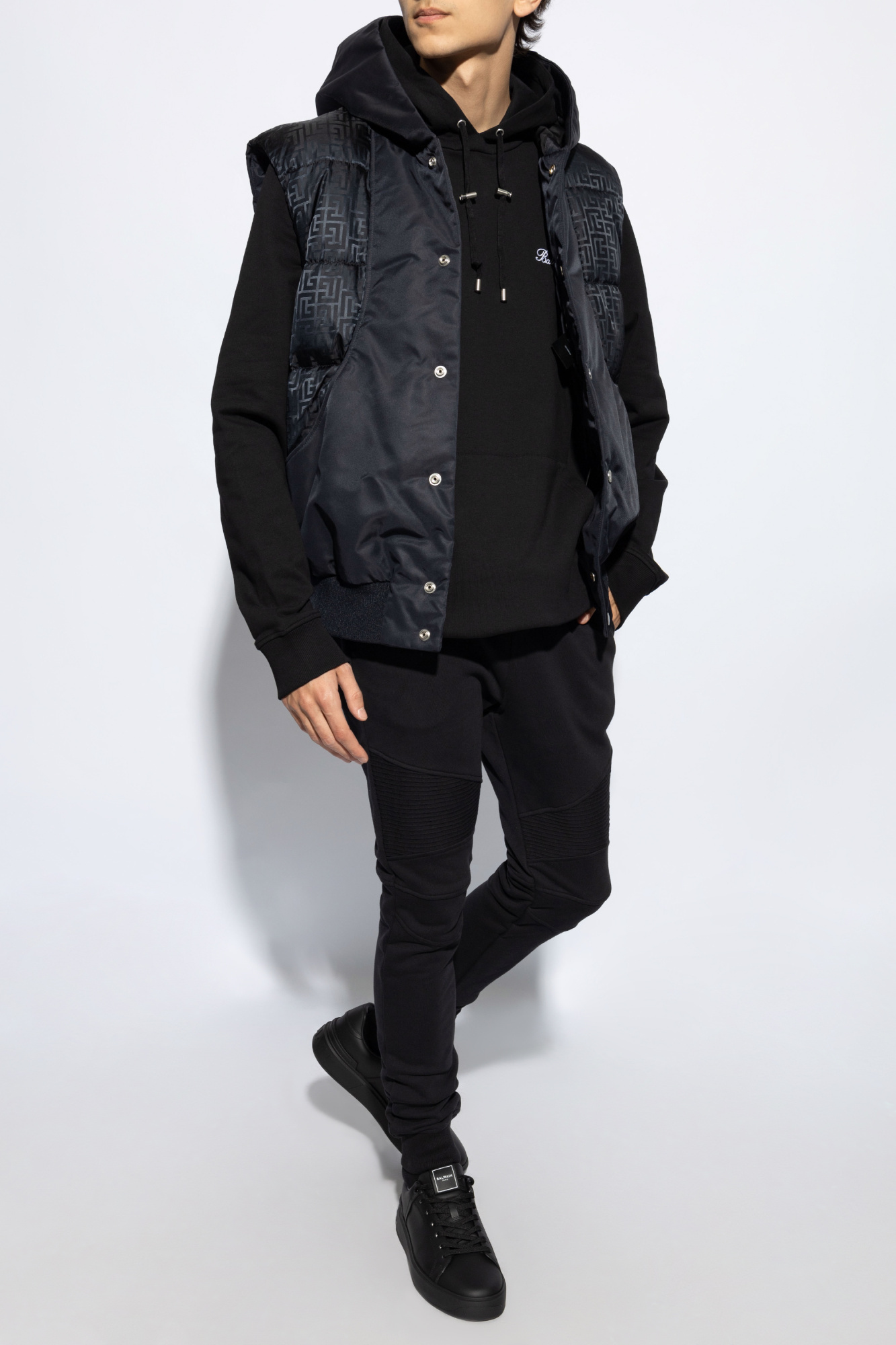 Balmain Monogram Printed Hooded Vest In Black