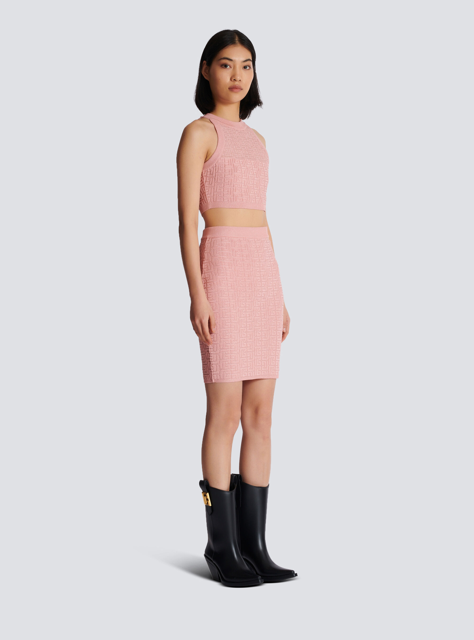 Balmain Pb-intarsia Knitted Mini Skirt In Pink