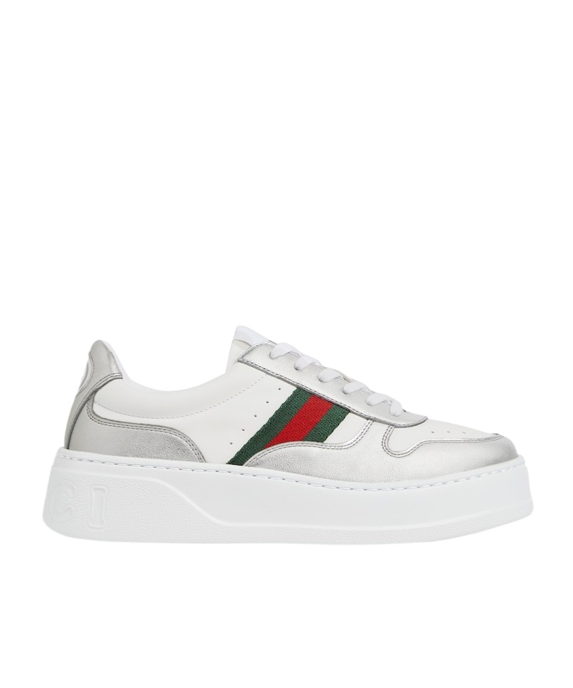 Gucci Stripe-detail Leather Sneakers In Silver