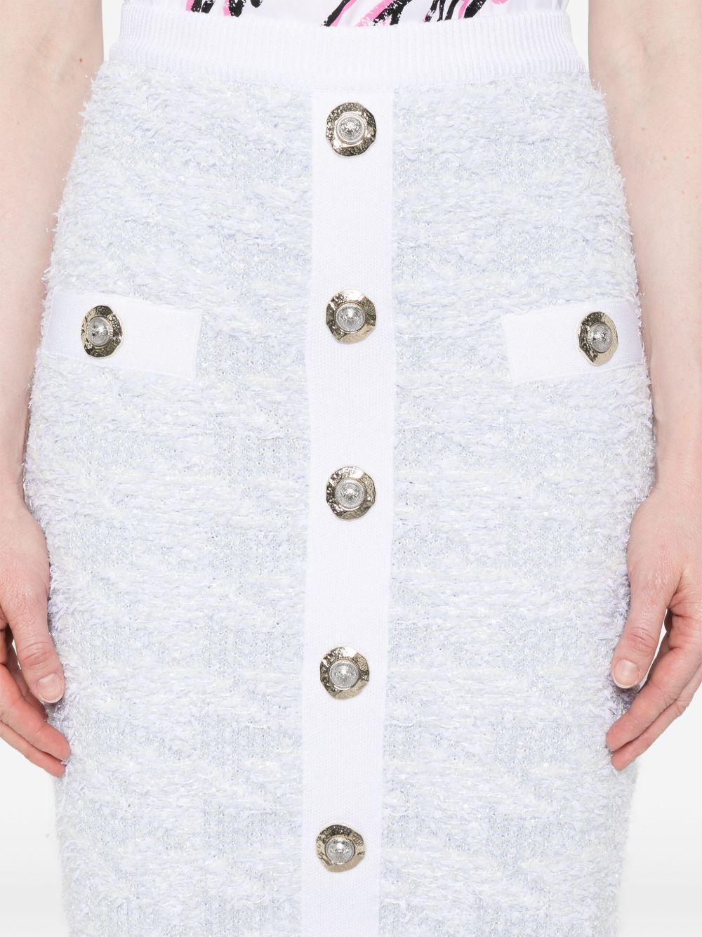 Balmain High-waisted Textured Skirt Button Detailing In Blue